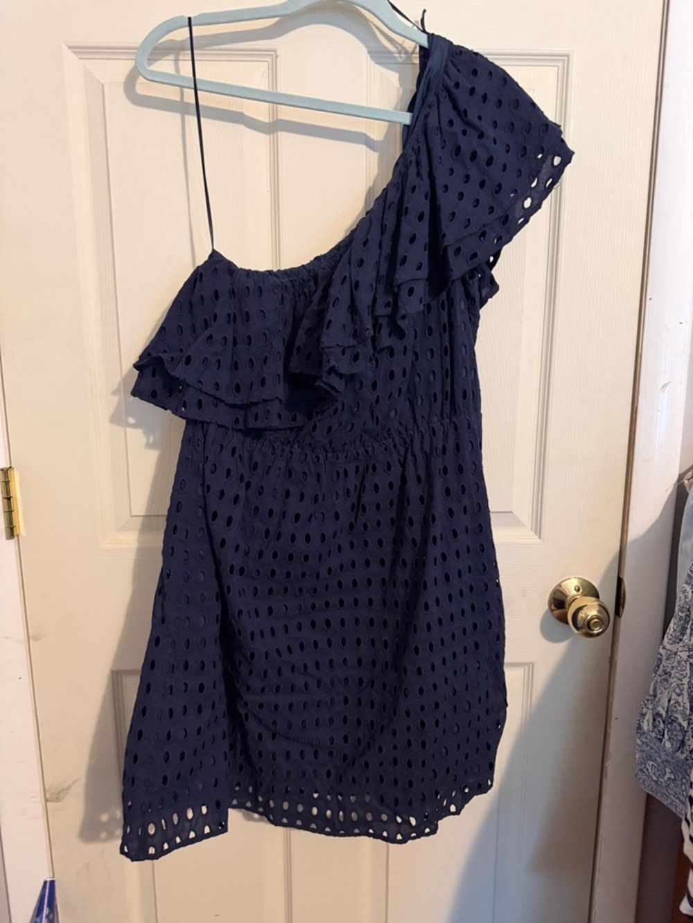 Chelsea & Theodore Navy One-Shoulder Eyelet Dress